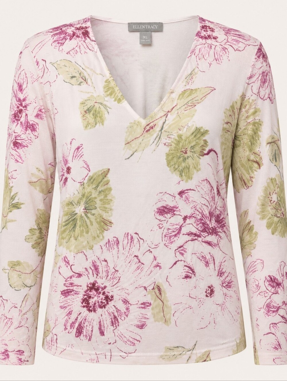 ELLEN TRACY | 100% Silk Cottagecore Floral Long Sleeve Luxury Knit Top | XL